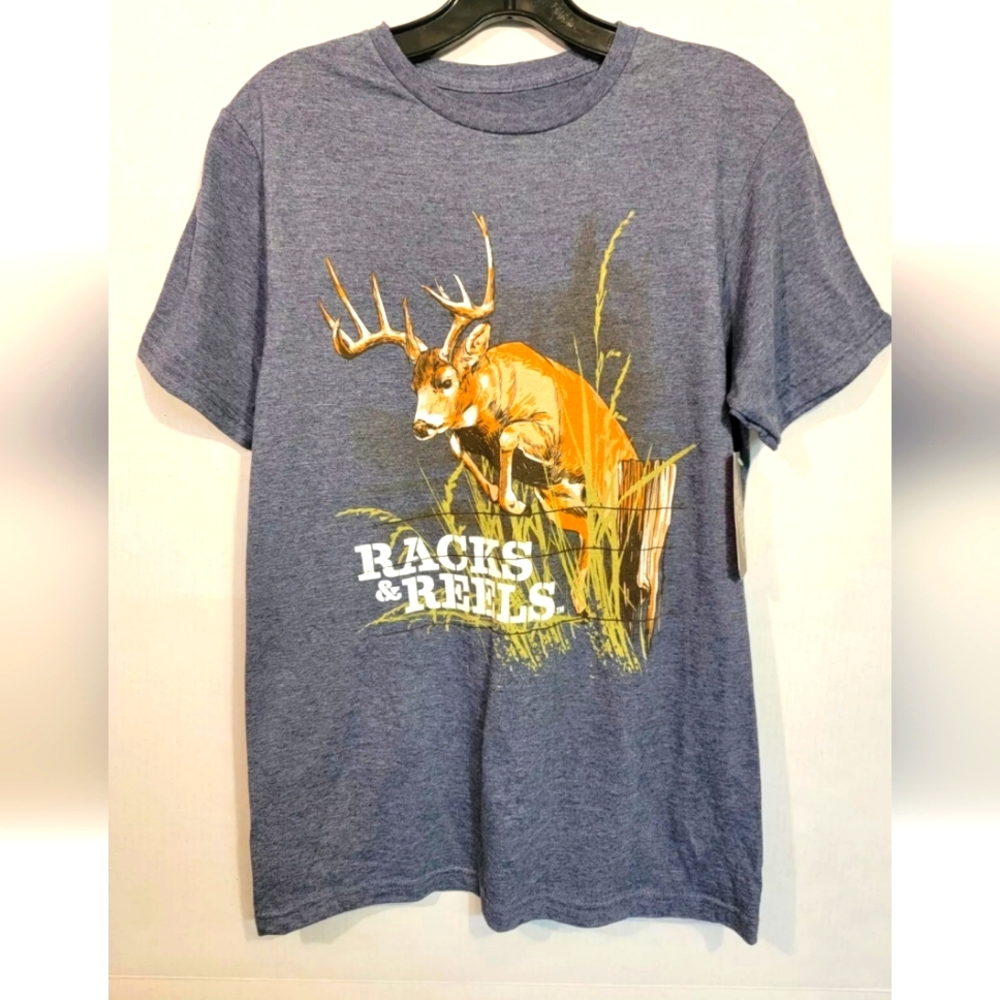 Racks And Reels Mens Small Short Sleeve T-Shirt Hunting Deer Buck Graphic Print